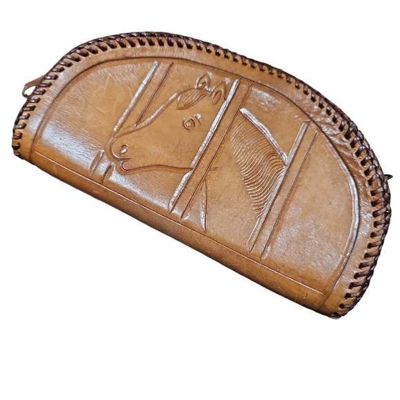 Vintage 1970s Tooled Leather Horse Clutch Bag - Picture 10 of 10